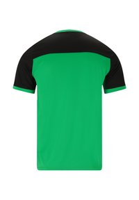 Grön kortärmad skjorta med en svart överdel, rundad krage och kontrasterande detaljer. Tillverkad av slätt, lätt tyg.