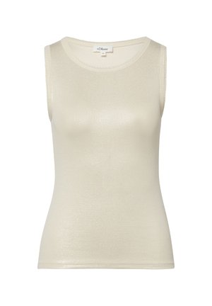 Bez rękawów, kremowy prążkowany sweter z okrągłym dekoltem, dopasowany krój, z metką marki „s.Oliver” na kołnierzu.