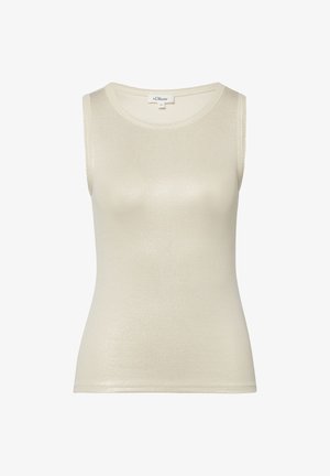 Bez rękawów, kremowy prążkowany sweter z okrągłym dekoltem, dopasowany krój, z metką marki „s.Oliver” na kołnierzu.
