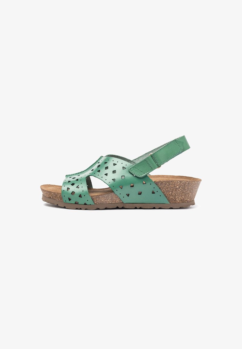 Green leather sandals with cut-out triangle patterns, cork wedge sole, adjustable heel strap, and a contoured footbed.