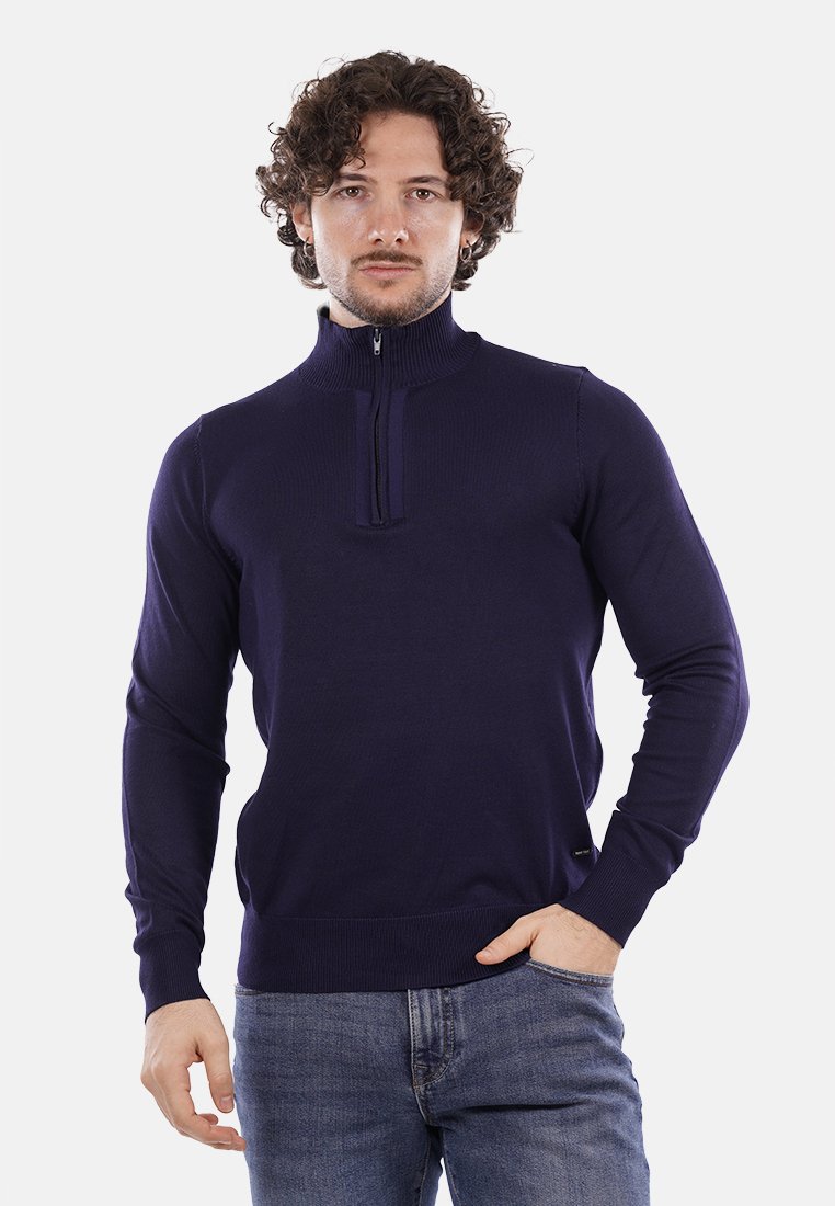 Maglione zip-up blu navy con colletto alto, polsini e orlo a costine, realizzato in tessuto a maglia testurizzato, design aderente. Senza motivi o accessori.