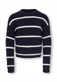 Pull en tricot bleu marine à rayures blanches horizontales. Présente une texture côtelée, un col rond et un design court avec des manches longues.