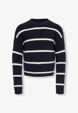 Pull en tricot bleu marine à rayures blanches horizontales. Présente une texture côtelée, un col rond et un design court avec des manches longues.