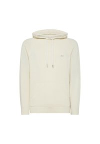 Felpa color crema realizzata in tessuto morbido. Caratterizzata da una tasca frontale, cappuccio con cordini regolabili e un piccolo logo sul petto.