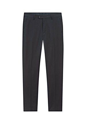 Pantaloni neri in tessuto liscio, con design a gamba dritta, chiusura con bottone e due tasche frontali. Nessun motivo o accento visibile.
