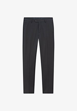 Pantaloni neri in tessuto liscio, con design a gamba dritta, chiusura con bottone e due tasche frontali. Nessun motivo o accento visibile.