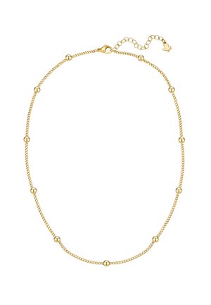 Collar de cadena de oro con pequeñas cuentas de oro espaciadas uniformemente y un cierre de langosta con una cadena extensible ajustable que termina en un colgante con forma de corazón.