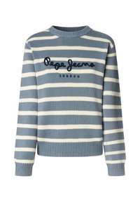 Suéter de punto a rayas en azul y blanco, con un cuello redondo, puños y dobladillo acanalados, y el logotipo "Pepe Jeans London" bordado en el frente.