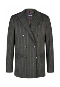 Grijs dubbelzijdig blazer met verticale streepjes, voorzien van notch-lapels, twee voorzakken en zes zwarte knopen. De textuur lijkt glad.