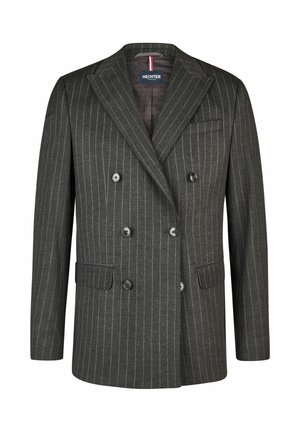 Grijs dubbelzijdig blazer met verticale streepjes, voorzien van notch-lapels, twee voorzakken en zes zwarte knopen. De textuur lijkt glad.