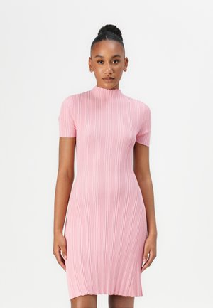 Pink ribbed dress with short sleeves and a high neckline. Features a fitted silhouette and a hem that flares slightly at the bottom.