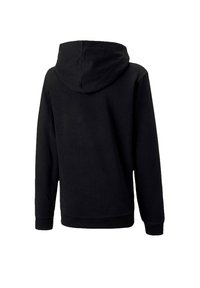 Schwarzer Kapuzenpullover aus weichem Stoff, mit einer geräumigen Kapuze, gerippten Bündchen und Saum. Einfarbiger Rücken ohne sichtbare Logos oder Muster.