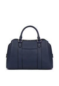 Borsa in pelle blu navy con design strutturato, doppio manico superiore, dettagli di cucitura verticale e texture liscia.