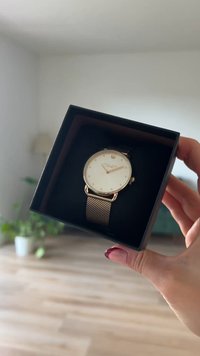 Kuld toonis kell valge numbriga, võrkpannal ja minimalistliku disainiga. Esitatud mustas karbis, mille sisemus on oranž.