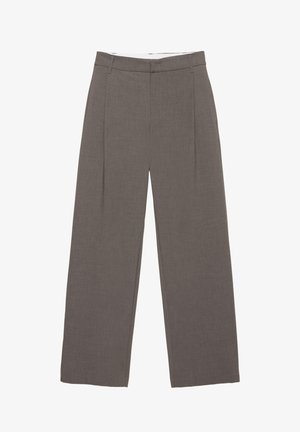 Brune, skræddersyede bukser med brede ben, sidelommer og bæltestropper, designet til formelt eller forretningsbrug.