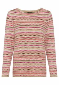 Gebreide trui met een ronde halslijn, met een beige basis en meerkleurige geometrische patronen in roze, bruin en wit. Lange mouwen.