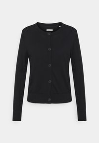 Musta neuletakki, valmistettu pehmeästä neuloksesta, jossa on pitkät hihat, pyöreä kaula-aukko, etupuolen napitus ja kaksi sivutaskua.