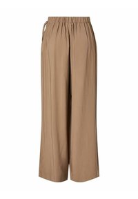 Bruine wijde broek met een elastische tailleband en koord, gemaakt van zachte stof, met een gladde textuur en een ontspannen pasvorm.