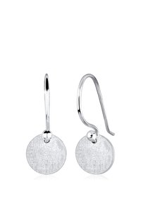 Pendientes de tono plateado con discos de metal cepillado en forma circular, colgando de elegantes ganchos de alambre con pequeños acentos de bola.