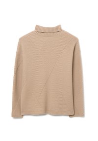 Maglione beige con texture a coste, caratterizzato da un collo alto e un design a motivi geometrici. Progettato con spalle scese e una vestibilità rilassata.