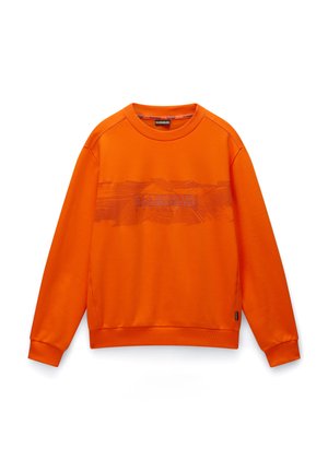 Oranje sweatshirt met een ronde hals en ribgebreide manchetten. Het heeft een subtiele grafische print in een lichtere schaduw van oranje op de borst.