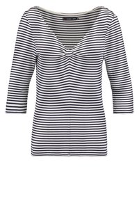 Top a righe con scollo a V e maniche 3/4. Tessuto morbido, caratterizzato da righe blu navy e bianche. Dettaglio arricciato al centro davanti.
