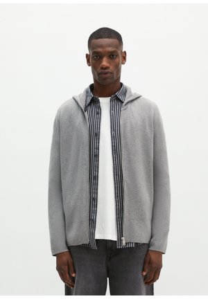 Jonge man met een lichtgrijze zip-up hoodie over een zwart-wit gestreept overhemd en een wit T-shirt, staand tegen een effen achtergrond.