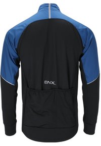 Schwarz-blaues Sportjacke mit einem Reißverschlusskragen, ausgestattet mit einem reflektierenden Streifen, elastischem Bund und einer Rückentasche für die Aufbewahrung.