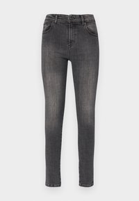 Jeans skinny en denim gris foncé avec une finition décolorée. Comprend deux poches avant et une poche arrière unique. Design classique à cinq poches.