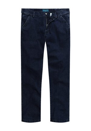 Tummansinisiä farkkuja, joissa on suora leikkaus, viisi taskua, vetoketjukiinnitys ja nappisulku. Sujuva pinta, jossa on hienovaraisia ompeluyksityiskohtia.