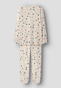 Lyse beige pyjamasæt med et gentaget mønster af træer, gaver, peberkager og slikstokke. Blødt materiale med elastiske manchetter.