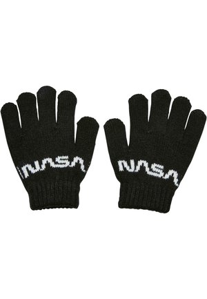 Gant en tricot noir sans doigts avec un logo blanc sur le poignet, tissu texturé et design ouvert pour une liberté de mouvement des doigts.