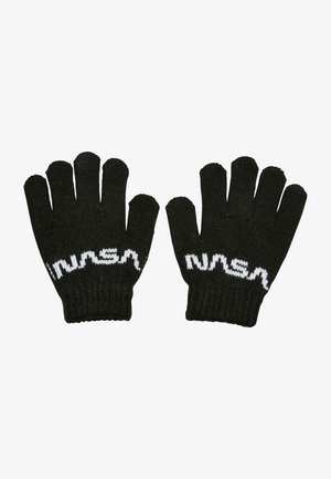 Zwarte gebreide vingerloze handschoenen met een wit logo op de manchet, textielstof en een open ontwerp voor vingerbeweging.