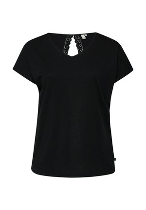 Top nero da donna a maniche corte con scollo a V e dettaglio in pizzo sul retro del collo.