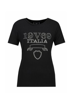 Schwarzes T-Shirt mit kurzen Ärmeln aus Baumwolle, featuring silberne Strassschrift "19V69 ITALIA" und ein Wappen-Graphic auf der Vorderseite.