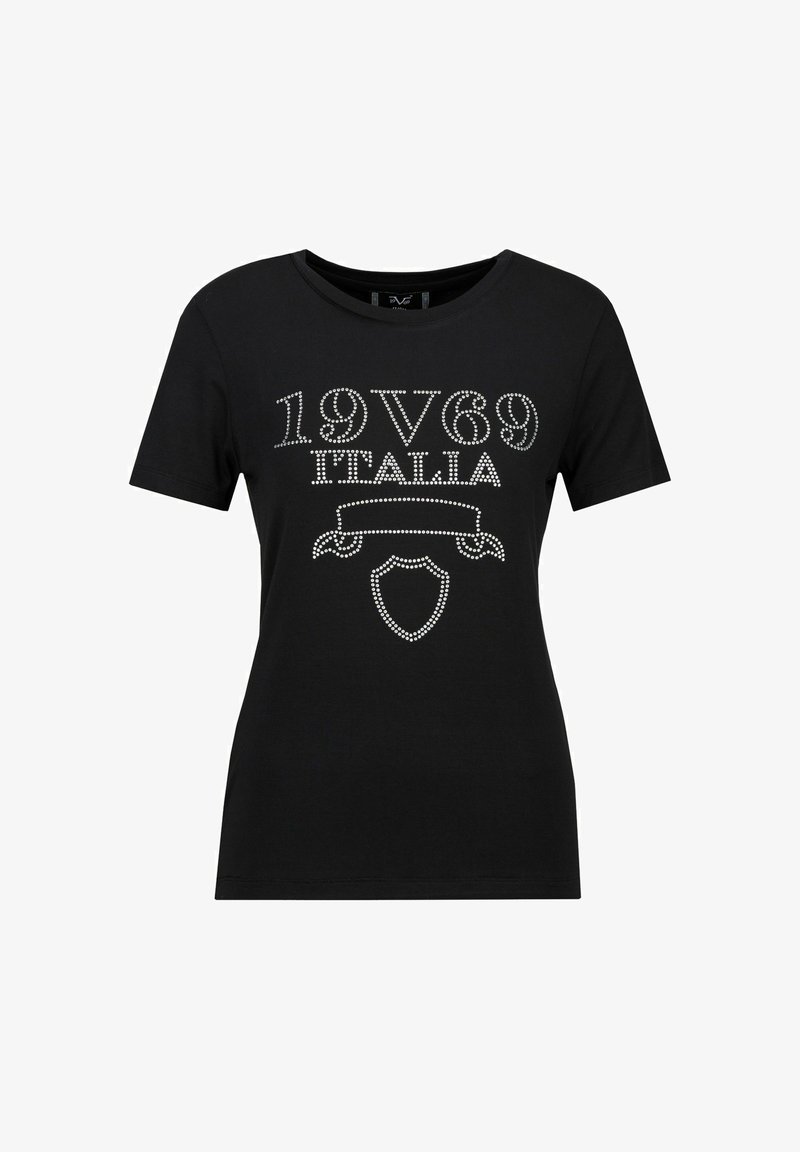 Zwarte t-shirt met korte mouwen, gemaakt van katoen. Voorzien van zilveren rhinestone tekst "19V69 ITALIA" en een schildgrafiek op de voorkant.