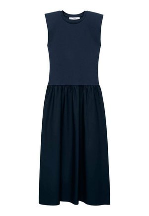 Rochie fără mâneci de culoare bleumarin, cu un top ajustat și talie strânsă, realizată dintr-un material neted, având o fustă evazată până la genunchi.
