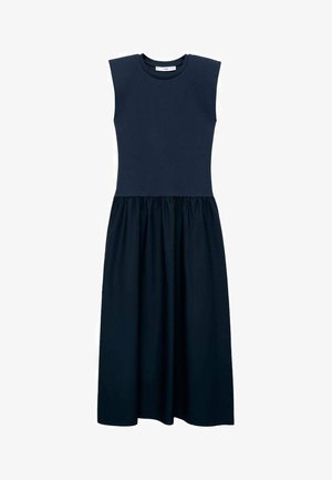 Navy blue sleeveless dress with a fitted top and gathered waist, made from smooth fabric, featuring a knee-length flared skirt.
