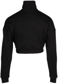 Zwarte cropped sweatshirt met een hoge kraag, lange mouwen en ribbels aan de manchetten, gemaakt van een zachte, textuurstof. Geen zichtbare logo's of patronen.