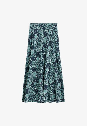 Blauwe en turquoise bloemen midi-rok met hoge taille en vloeiende A-lijn silhouet op een witte achtergrond.