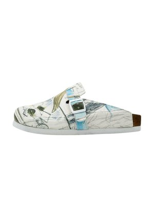 White slip-on clog with floral and leaf patterns, featuring a blue adjustable buckle strap across the top.