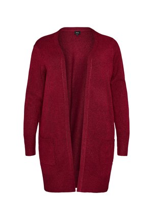 Lang vinrød cardigan med åben front, to forlommer og ribstrikkede manchetter og kant, vist på en hvid baggrund.