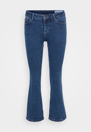 Dark blue denim flared jeans with a five-pocket design, zip closure, and subtle stitching details. The fabric appears smooth and durable.