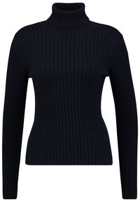 Mörkblå ribbad stickad turtleneck-tröja med långa ärmar och en figurnära silhuett.