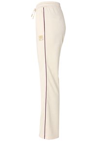 Crèmekleurige sweatpants met een gemarmerd patroon, voorzien van een zijkant in kastanjebruin en een gouden logo bij de taille. Elastische tailleband met trekkoord.