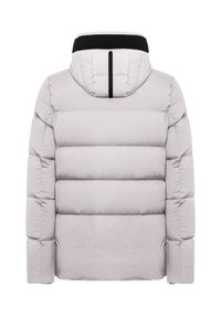 Hellgraue Steppjacke mit horizontalen Nähten, einem schwarzen Kragen und einem Belüftungsdetail hinten. Sie hat eine weiche, glatte Textur und eine dicke Isolierung.