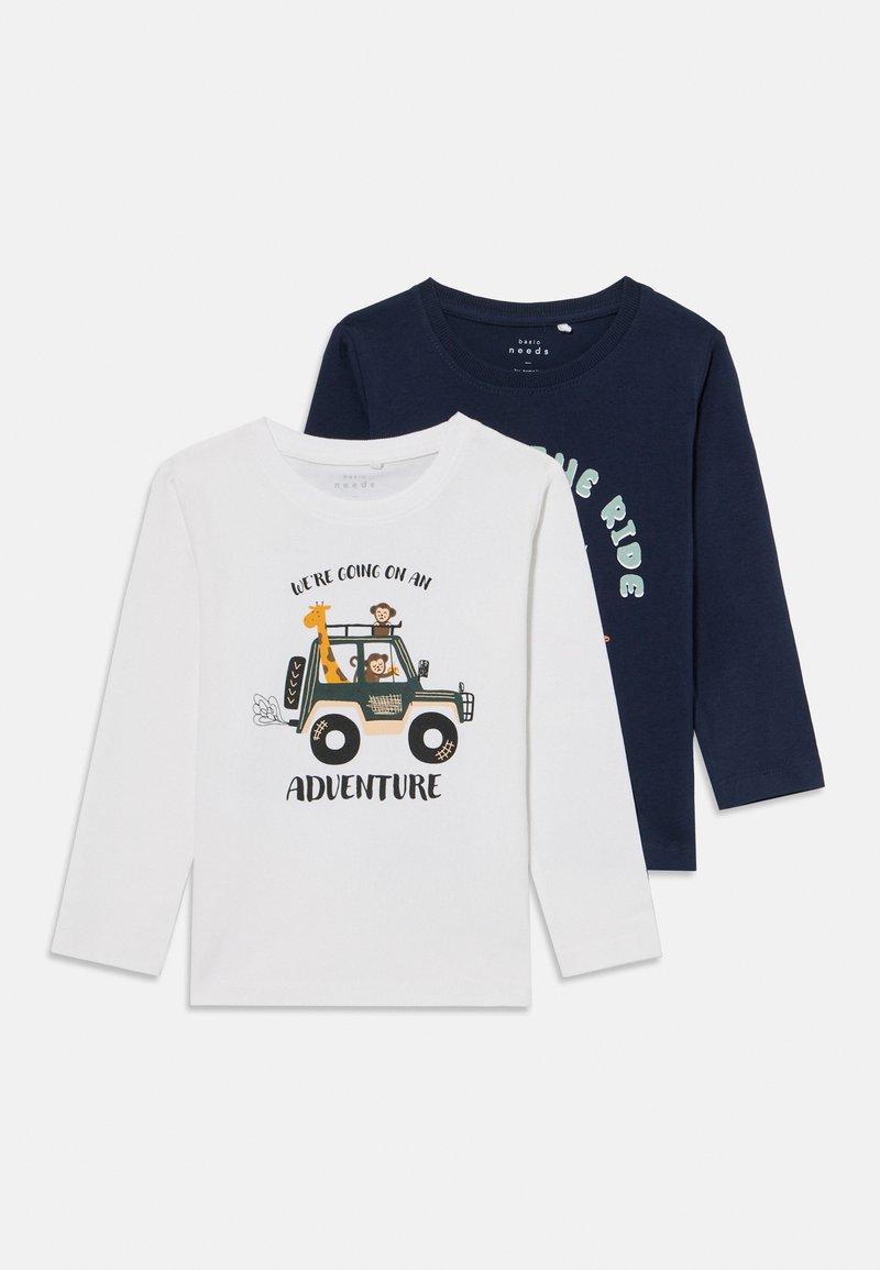 Two long-sleeve t-shirts: one white with a jeep graphic and text "WE'RE GOING ON AN ADVENTURE," and one navy with green text, both cotton.