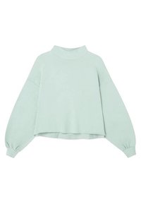 Sudadera recortada en verde menta claro con cuello alto, hombros caídos y puños elásticos. Fabricada en un tejido suave y texturizado.