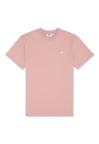 T-shirt in cotone rosa chiaro con scollo rotondo. Presenta un piccolo logo FILA bianco e rosso sul petto. Maniche corte, design minimalista.
