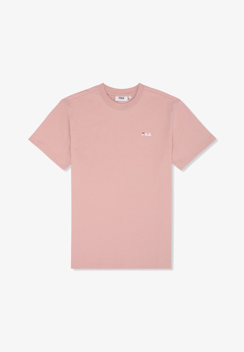 T-shirt in cotone rosa chiaro con scollo rotondo. Presenta un piccolo logo FILA bianco e rosso sul petto. Maniche corte, design minimalista.